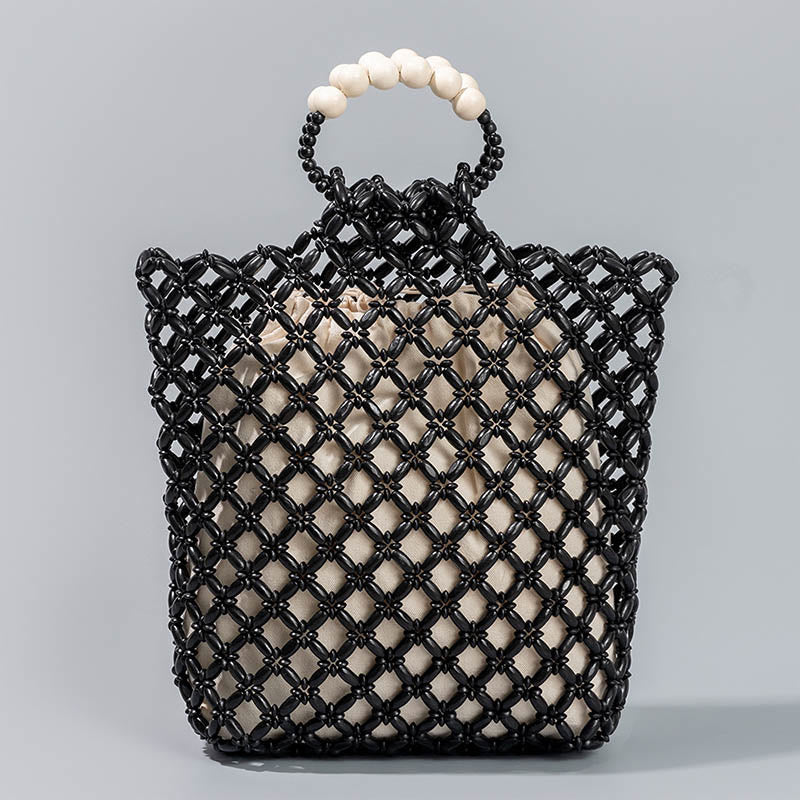 Buddha Stones Hand-woven Fishing Line Braiding Mesh Hollow Wooden Beads Handbag - Black 30*10*27cm - image 11