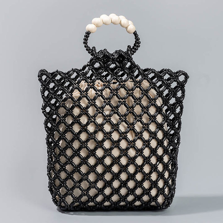 Buddha Stones Hand-woven Fishing Line Braiding Mesh Hollow Wooden Beads Handbag - Black 30*10*27cm - image 11