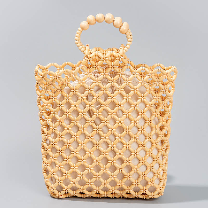 Buddha Stones Hand-woven Fishing Line Braiding Mesh Hollow Wooden Beads Handbag - Yellow 30*10*27cm - image 0