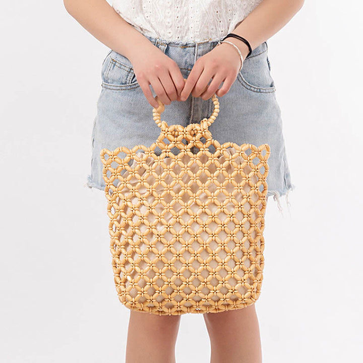 Buddha Stones Hand-woven Fishing Line Braiding Mesh Hollow Wooden Beads Handbag - image 7