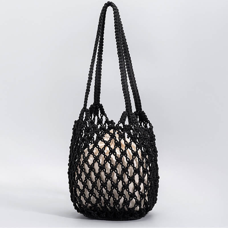 Buddha Stones Hand-woven Cotton Thread Shoulder Bag Handbags - Black 23*15*27cm - image 8