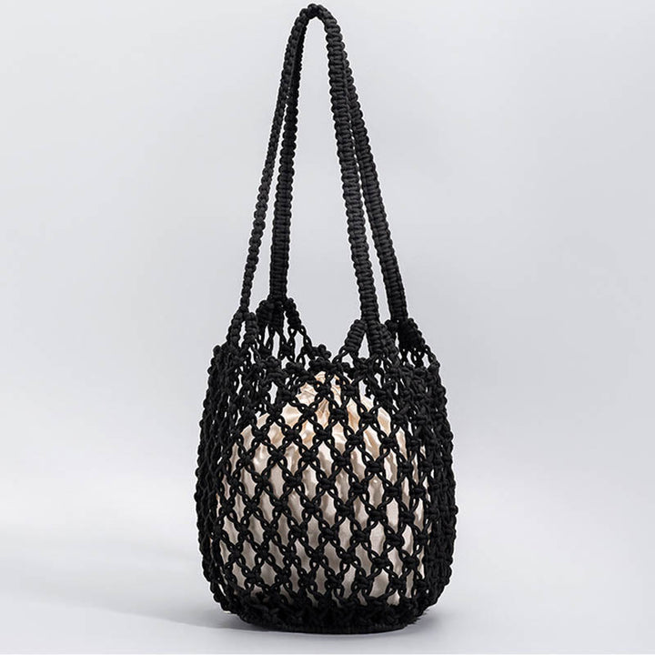 Buddha Stones Hand-woven Cotton Thread Shoulder Bag Handbags - Black 23*15*27cm - image 8