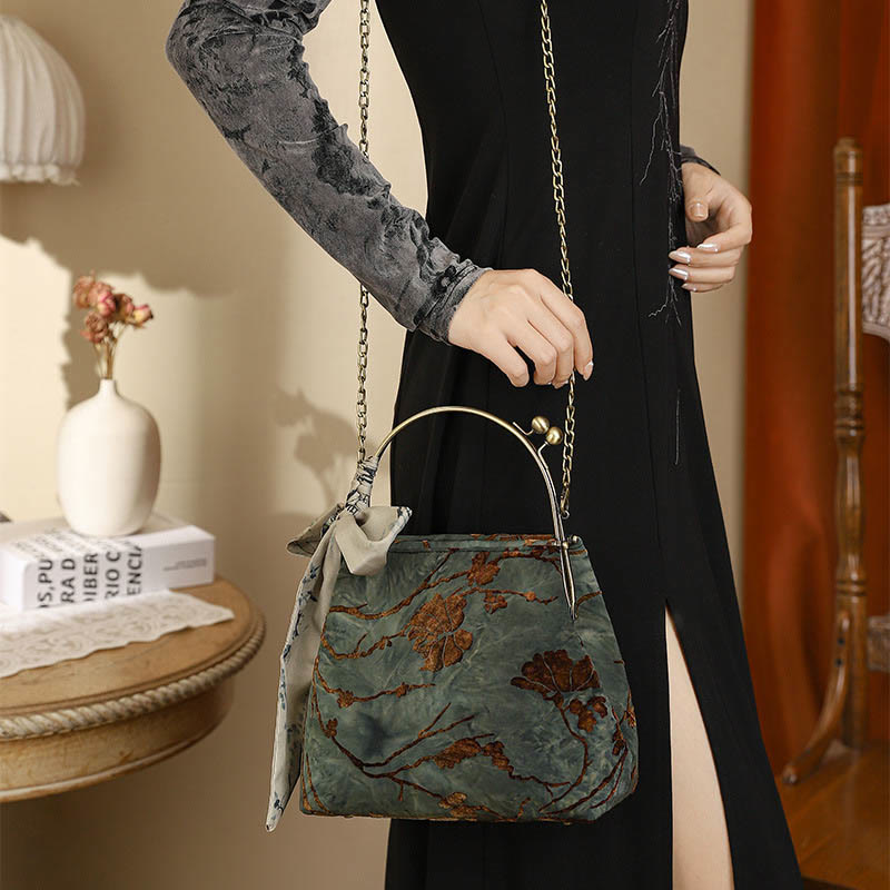Buddha Stones Velvet Jacquard Metal Chain Crossbody Bag Handbags - image 3