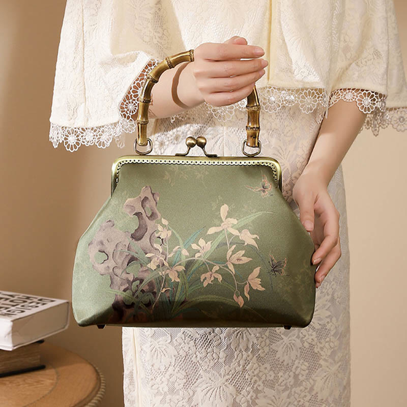 Buddha Stones Green Plants Mountains Bamboo Handle Metal Chain Crossbody Bag Handbags - Green 28*7*20cm - image 0