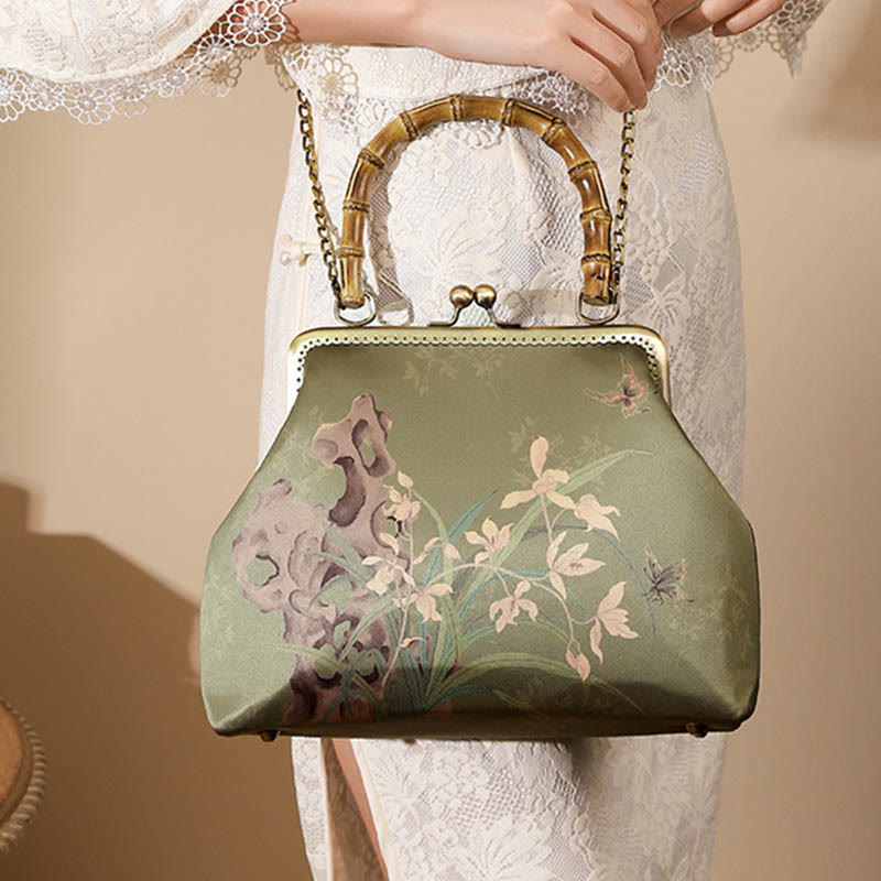 Buddha Stones Green Plants Mountains Bamboo Handle Metal Chain Crossbody Bag Handbags - image 1