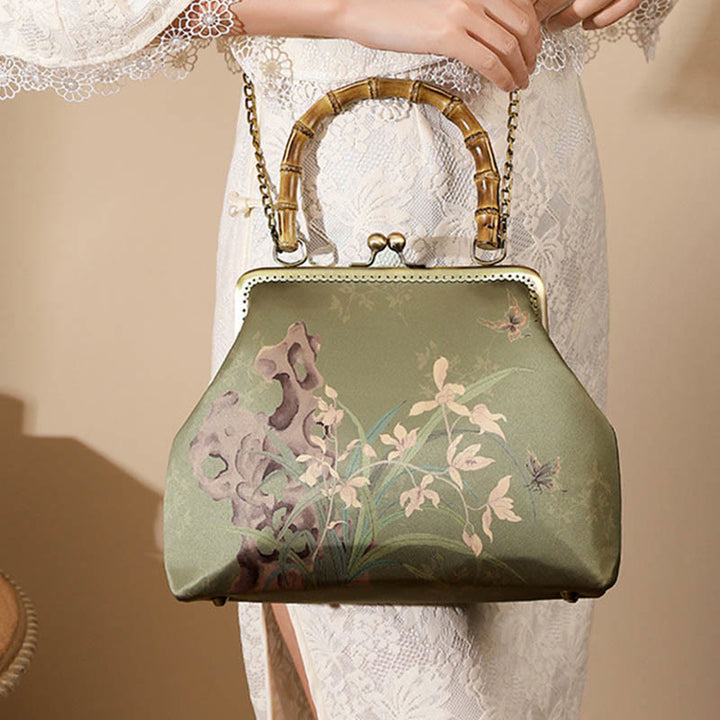 Buddha Stones Green Plants Mountains Bamboo Handle Metal Chain Crossbody Bag Handbags - image 1
