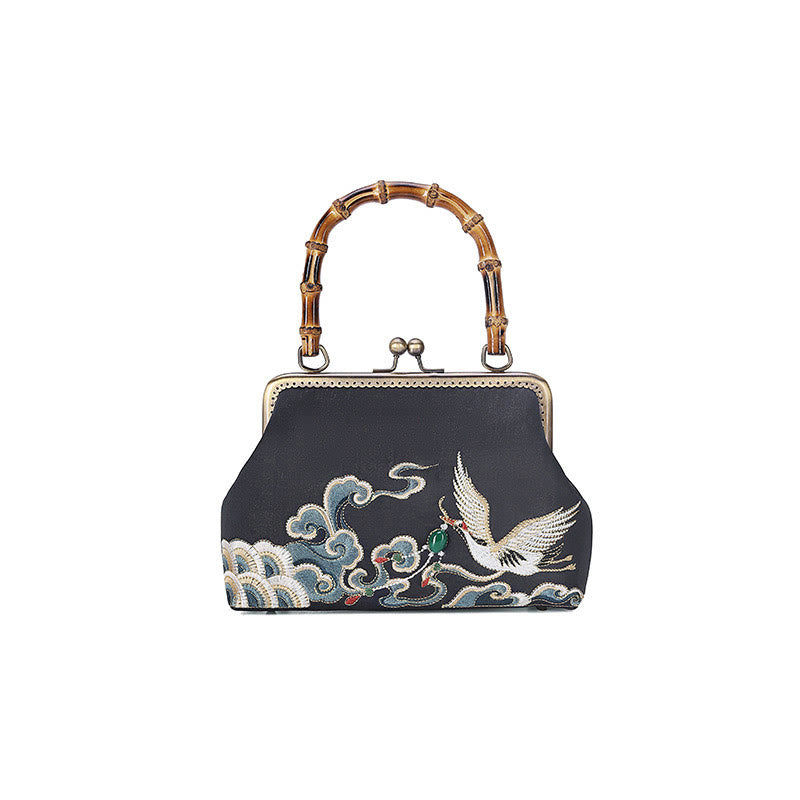 Buddha Stones Auspicious Clouds Cranes Embroidery Bamboo Handle Handbag Crossbody Bag - image 3