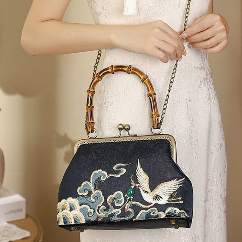 Buddha Stones Auspicious Clouds Cranes Embroidery Bamboo Handle Handbag Crossbody Bag - image 2