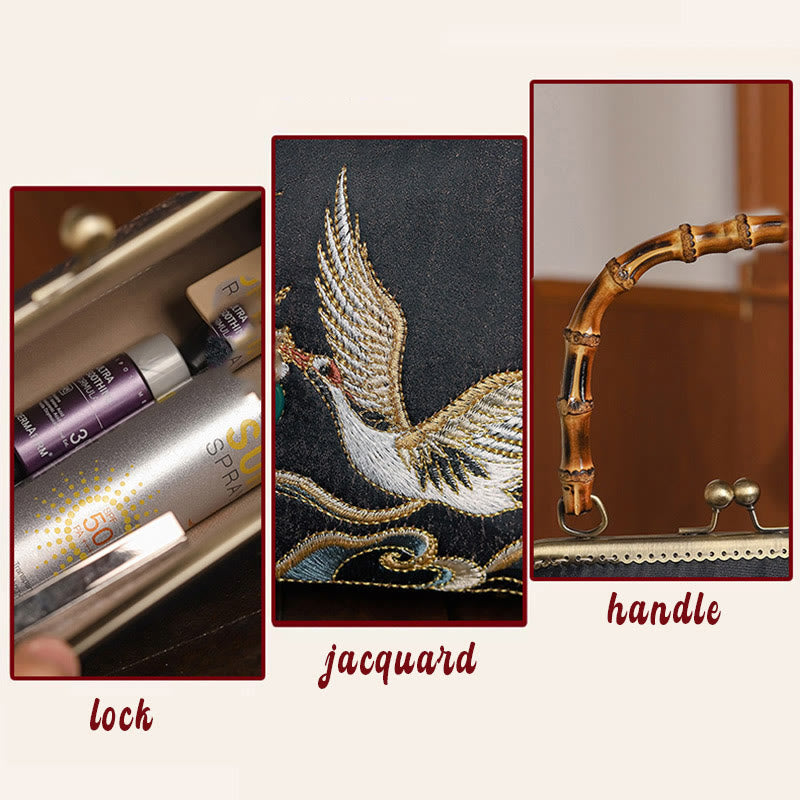 Buddha Stones Auspicious Clouds Cranes Embroidery Bamboo Handle Handbag Crossbody Bag - image 6