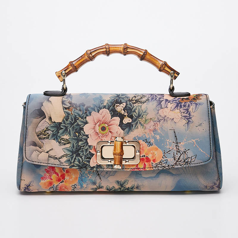 Buddha Stones Flower Pattern Bamboo Handle Metal Chain Crossbody Bag Handbags - image 1