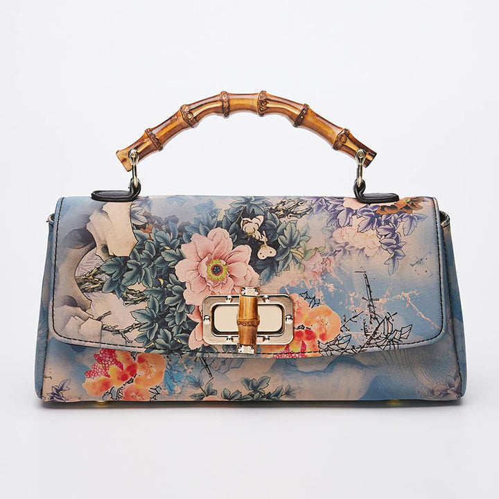 Buddha Stones Flower Pattern Bamboo Handle Metal Chain Crossbody Bag Handbags - image 1