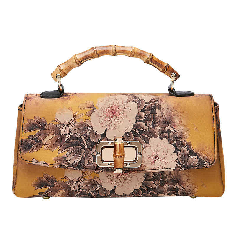 Buddha Stones Flower Pattern Bamboo Handle Metal Chain Crossbody Bag Handbags - Brown 29*14*7cm - image 9