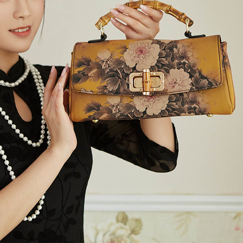 Buddha Stones Flower Pattern Bamboo Handle Metal Chain Crossbody Bag Handbags - image 3