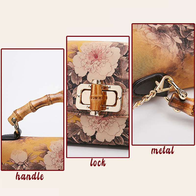 Buddha Stones Flower Pattern Bamboo Handle Metal Chain Crossbody Bag Handbags - image 5