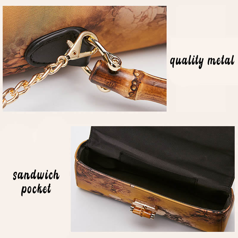 Buddha Stones Flower Pattern Bamboo Handle Metal Chain Crossbody Bag Handbags - image 6