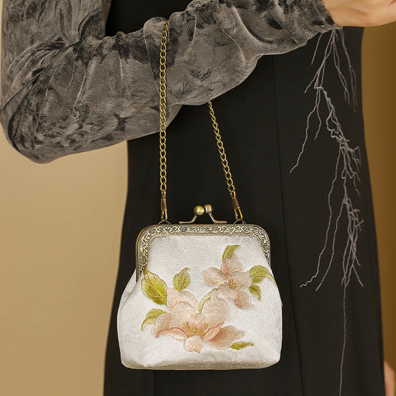 Buddha Stones Orchids Oriental Cherry Butterfly Embroidery Metal Handle Handbag  - Oriental Cherry 11*4*11cm - image 0