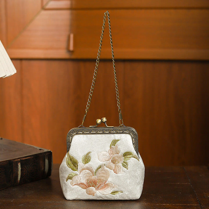 Buddha Stones Orchids Oriental Cherry Butterfly Embroidery Metal Handle Handbag  - image 1