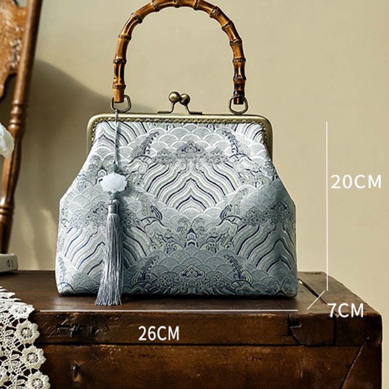 Buddha Stones Silver Lines Bamboo Handle Metal Chain Crossbody Bag Handbags - image 3