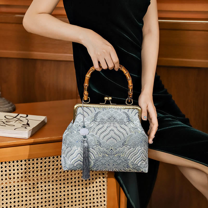 Buddha Stones Silver Lines Bamboo Handle Metal Chain Crossbody Bag Handbags - Silver 26*7*20cm - image 0