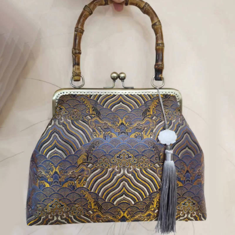 Buddha Stones Silver Lines Bamboo Handle Metal Chain Crossbody Bag Handbags - Yellow 26*7*20cm - image 8