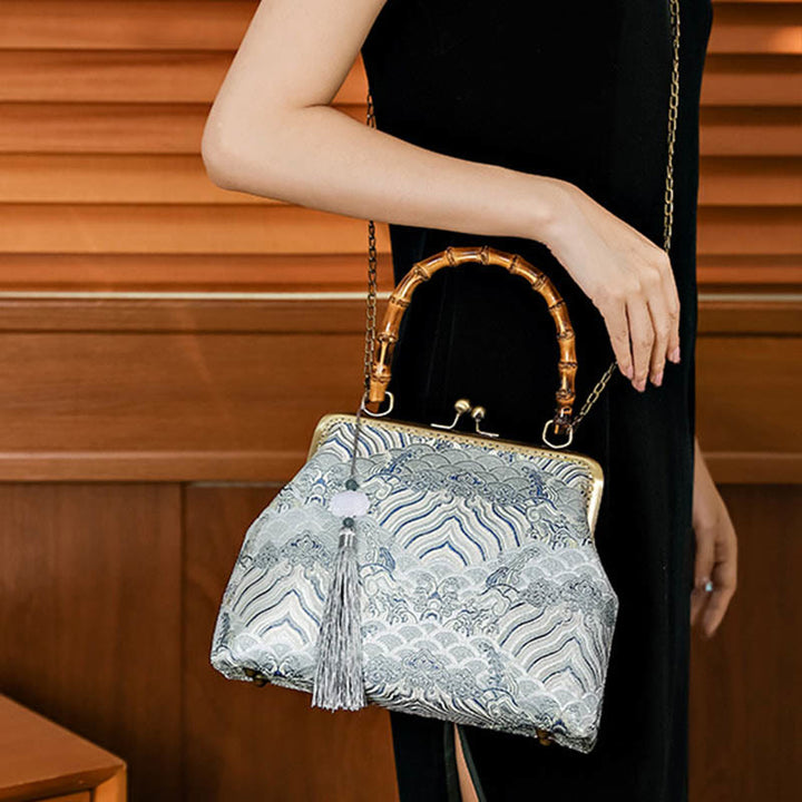 Buddha Stones Silver Lines Bamboo Handle Metal Chain Crossbody Bag Handbags - image 2