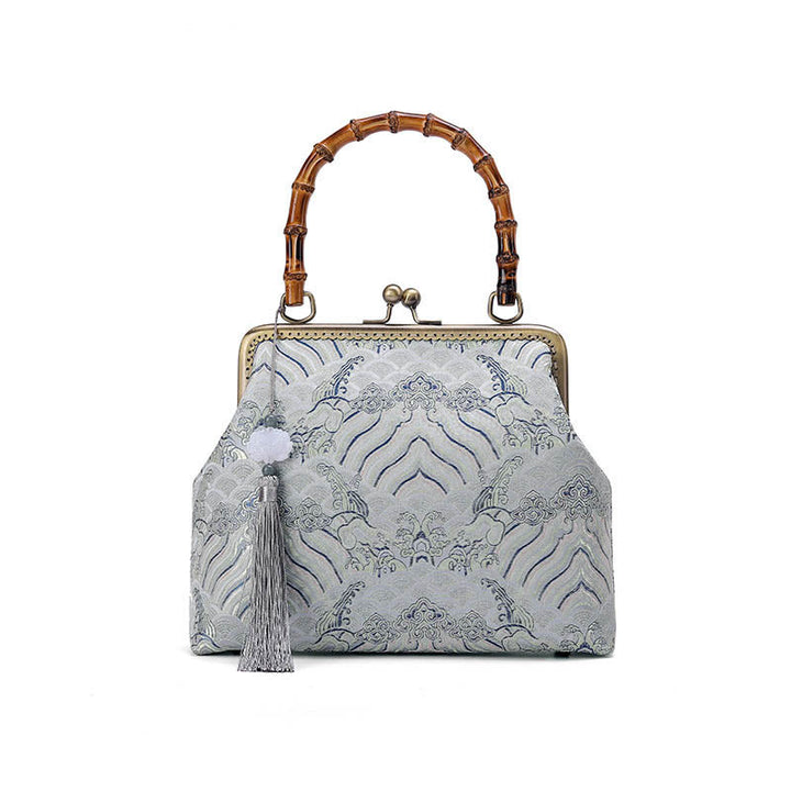 Buddha Stones Silver Lines Bamboo Handle Metal Chain Crossbody Bag Handbags - image 7