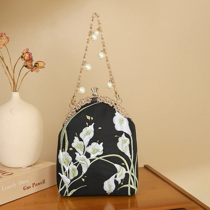 Buddha Stones Calla Embroidery Metal Handle Handbag Crossbody Bag - Calla Black 15*5*20cm - image 8