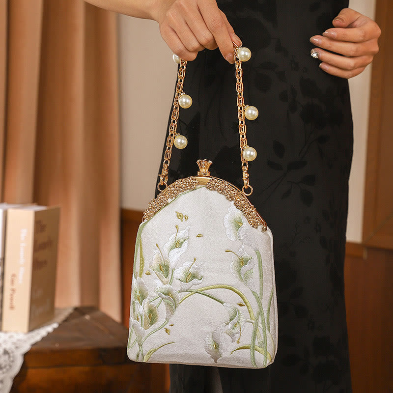 Buddha Stones Calla Embroidery Metal Handle Handbag Crossbody Bag - Calla White 15*5*20cm - image 0