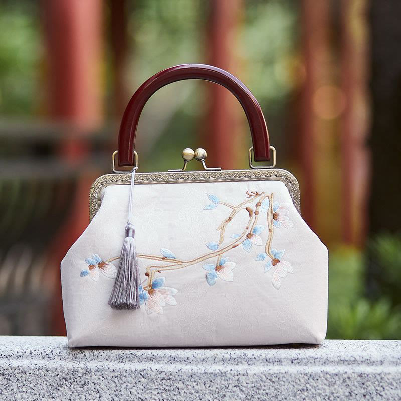 Buddha Stones Flower Embroidery Handbag Crossbody Bag - White 19*8*28cm - image 0