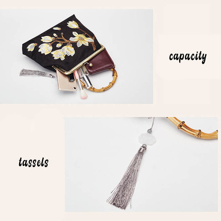 Buddha Stones Plum Blossom Embroidery Bamboo Handle Handbag Crossbody Bag - image 7