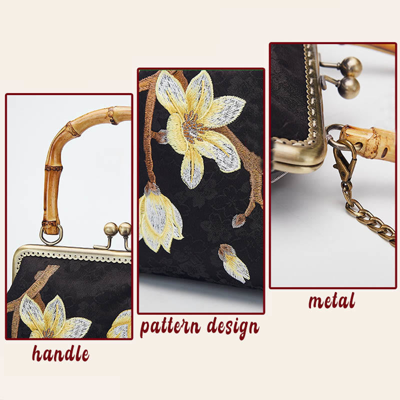 Buddha Stones Plum Blossom Embroidery Bamboo Handle Handbag Crossbody Bag - image 4