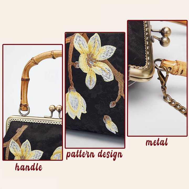 Buddha Stones Plum Blossom Embroidery Bamboo Handle Handbag Crossbody Bag - image 4