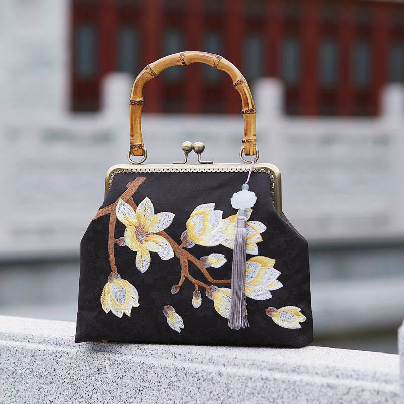 Buddha Stones Plum Blossom Embroidery Bamboo Handle Handbag Crossbody Bag - Plum Blossom Black 23*7*26cm - image 0