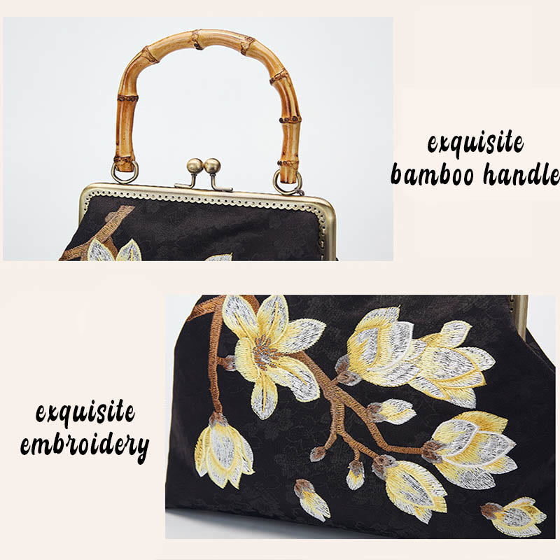 Buddha Stones Plum Blossom Embroidery Bamboo Handle Handbag Crossbody Bag - image 5