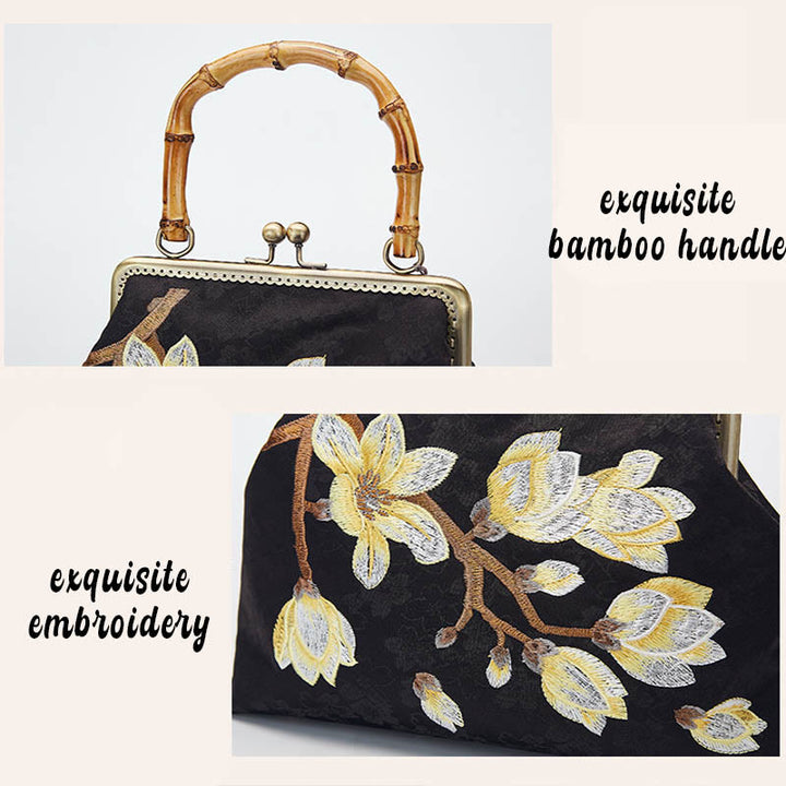 Buddha Stones Plum Blossom Embroidery Bamboo Handle Handbag Crossbody Bag - image 5