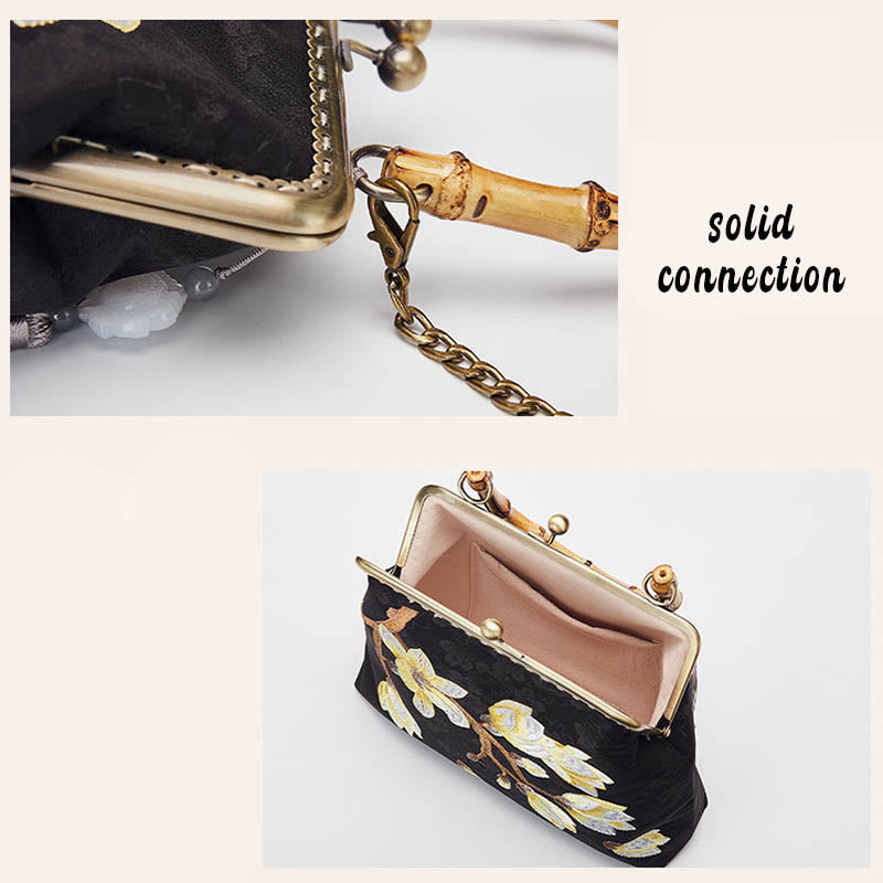 Buddha Stones Plum Blossom Embroidery Bamboo Handle Handbag Crossbody Bag - image 6