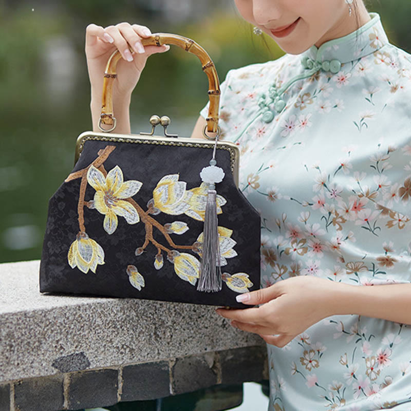 Buddha Stones Plum Blossom Embroidery Bamboo Handle Handbag Crossbody Bag - image 1