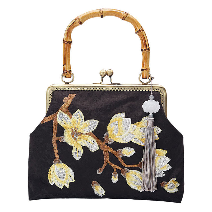 Buddha Stones Plum Blossom Embroidery Bamboo Handle Handbag Crossbody Bag - image 3