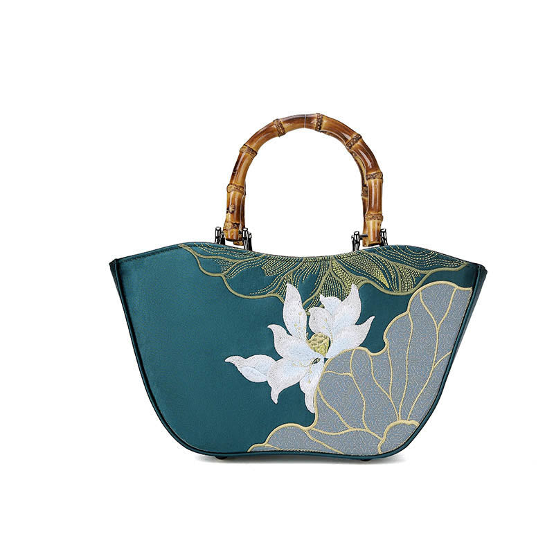 Buddha Stones Lotus Embroidery Bamboo Handle Handbag  - image 2
