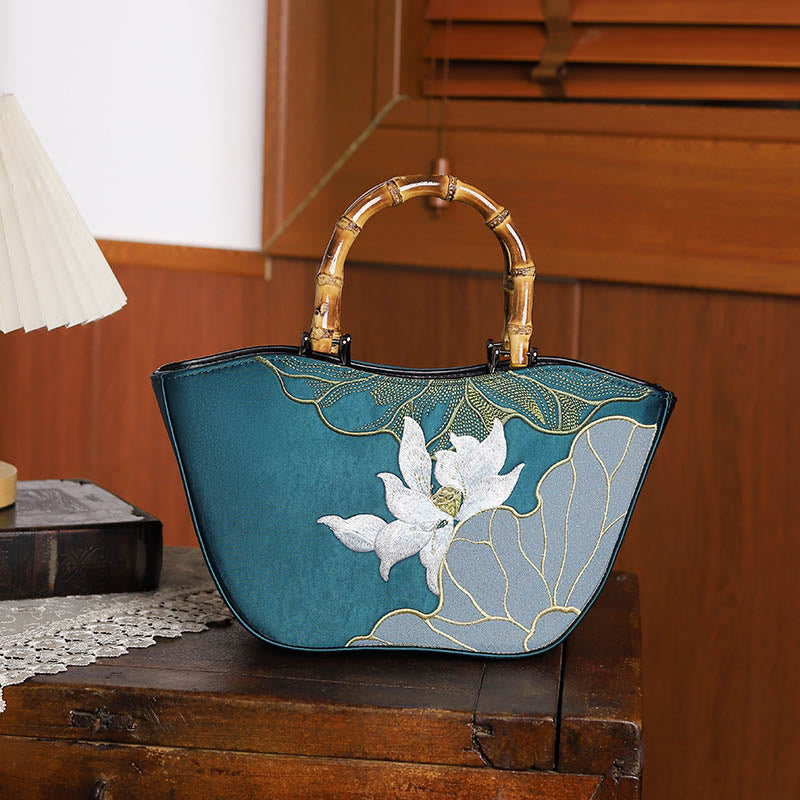 Buddha Stones Lotus Embroidery Bamboo Handle Handbag  - Lotus Blue 17*11*15cm - image 0