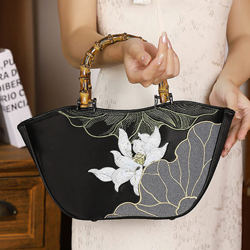 Buddha Stones Lotus Embroidery Bamboo Handle Handbag  - image 9