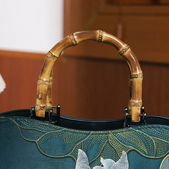 Buddha Stones Lotus Embroidery Bamboo Handle Handbag  - image 3