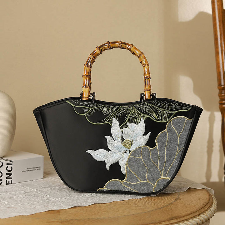 Buddha Stones Lotus Embroidery Bamboo Handle Handbag  - Lotus Black 17*11*15cm - image 8