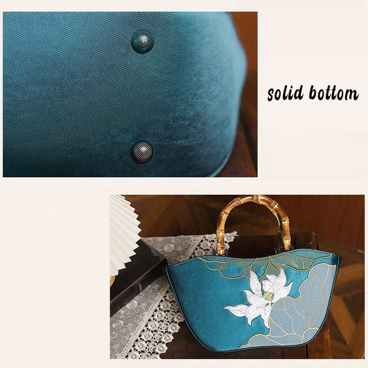 Buddha Stones Lotus Embroidery Bamboo Handle Handbag  - image 7