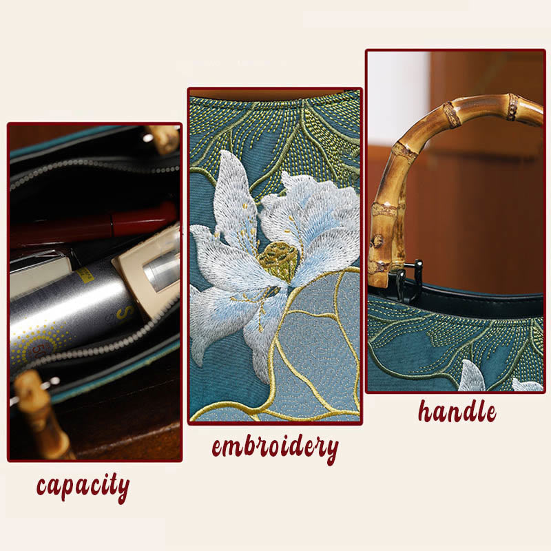 Buddha Stones Lotus Embroidery Bamboo Handle Handbag  - image 5