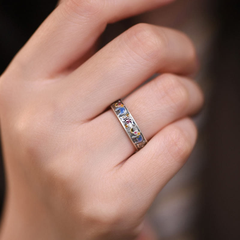 Buddha Stones Colorful Elephant Carved Strength Adjustable Ring - image 10