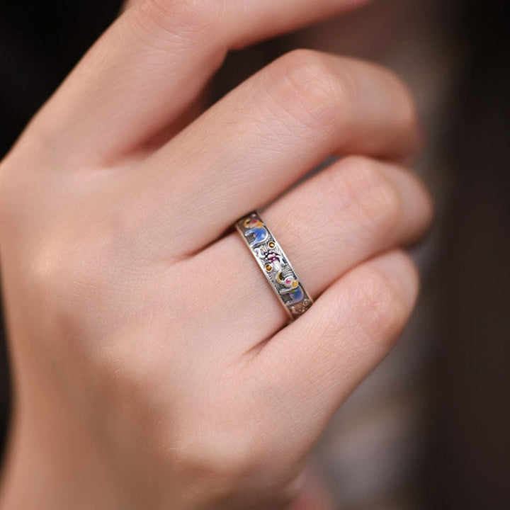 Buddha Stones Colorful Elephant Carved Strength Adjustable Ring - image 10