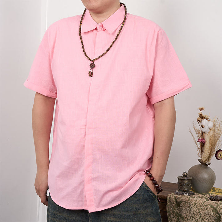 Buddha Stones Men's Short Sleeve Button Casual Cotton Linen Shirt - Pink - US/UK/AU44，EU54 (3XL) - image 9