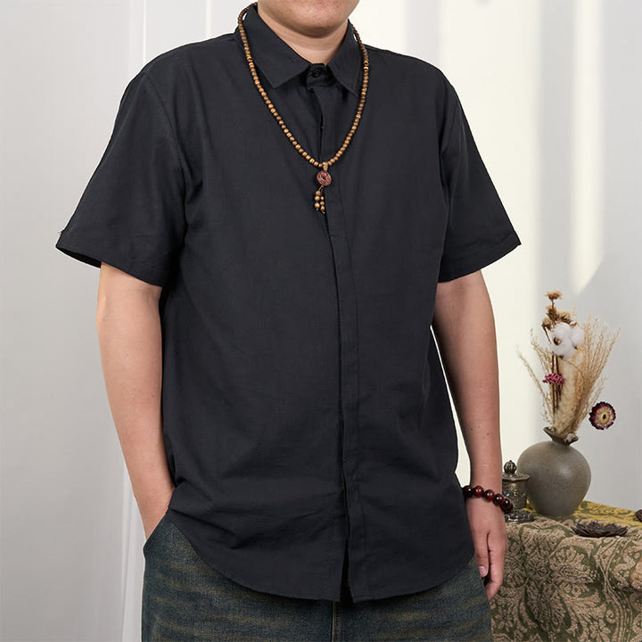 Buddha Stones Men's Short Sleeve Button Casual Cotton Linen Shirt - Black - US/UK/AU44，EU54 (3XL) - image 2