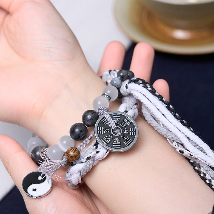 Buddha Stones Black Glitter Stone Cat's Eye Yin Yang Mountain Ghosts Spend Money Power Double Layer Rope Bracelet - image 5